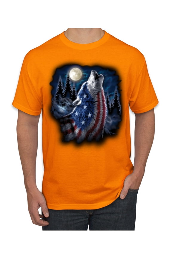 , American Flag Howling Wolf Animal Lover Men's Graphic T-Shirt, Orange, 5XL