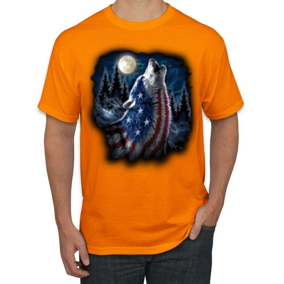 Wild Bobby, American Flag Howling Wolf Animal Lover Men's Graphic T-Shirt, Orange, X-Large