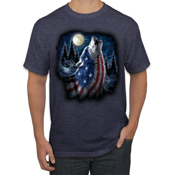 Wild Bobby, American Flag Howling Wolf Animal Lover Men's Graphic T-Shirt, Vintage Heather Navy, Small