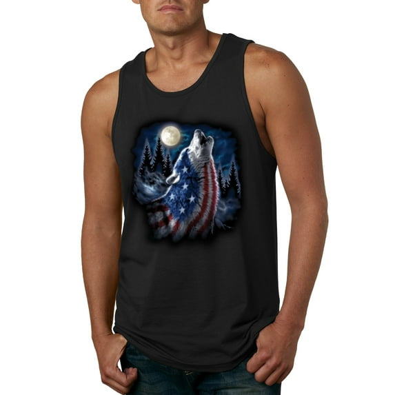 Wild Bobby, American Flag Howling Wolf Animal Lover Mens Graphic Tank Top, Black, Medium