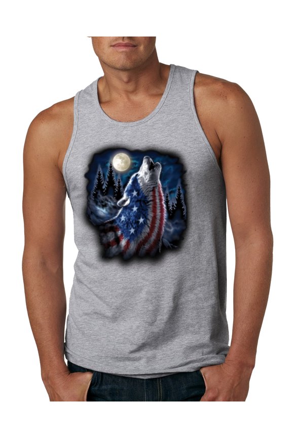 , American Flag Howling Wolf Animal Lover Mens Graphic Tank Top, Heather Grey, Medium