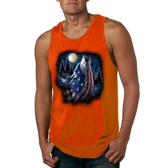 Wild Bobby, American Flag Howling Wolf Animal Lover Mens Graphic Tank Top, Orange, Small