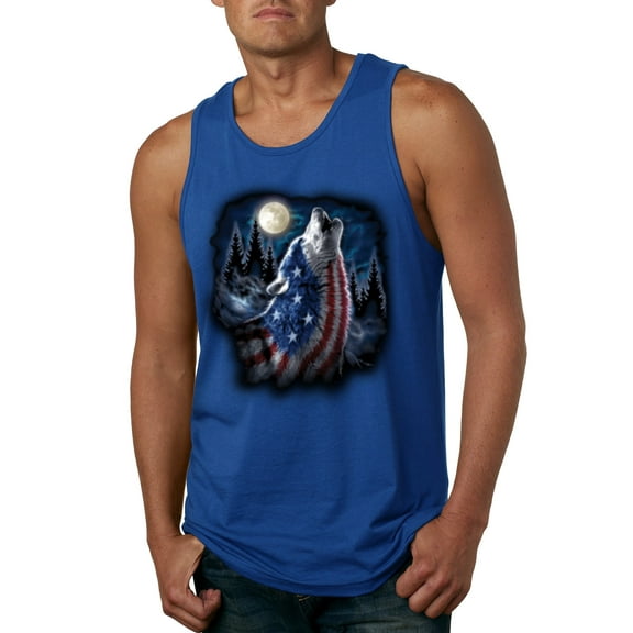 Wild Bobby, American Flag Howling Wolf Animal Lover Mens Graphic Tank Top, Royal, Large