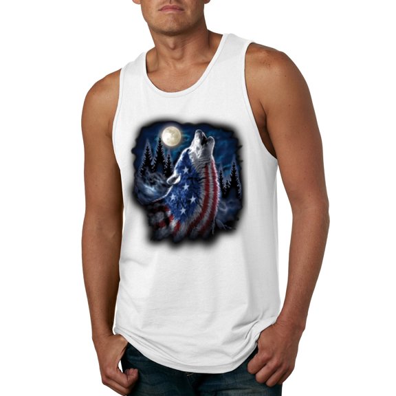 Wild Bobby, American Flag Howling Wolf Animal Lover Mens Graphic Tank Top, White, Large