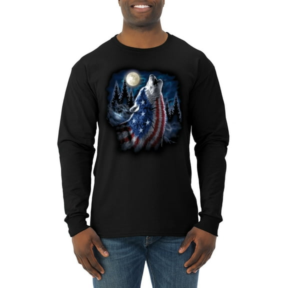 Wild Bobby, American Flag Howling Wolf Animal Lover Mens Long Sleeve Shirt, Black, Small