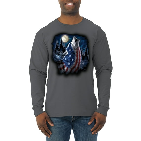 Wild Bobby, American Flag Howling Wolf Animal Lover Mens Long Sleeve Shirt, Charcoal, 2XL