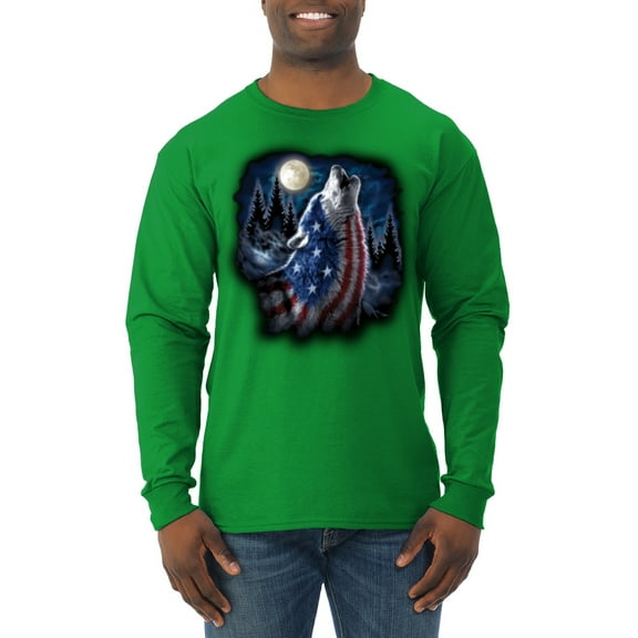 Wild Bobby, American Flag Howling Wolf Animal Lover Mens Long Sleeve Shirt, Kelly, 2XL