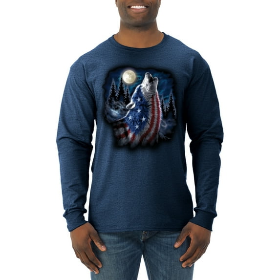 Wild Bobby, American Flag Howling Wolf Animal Lover Mens Long Sleeve Shirt, Vintage Heather Navy, Small