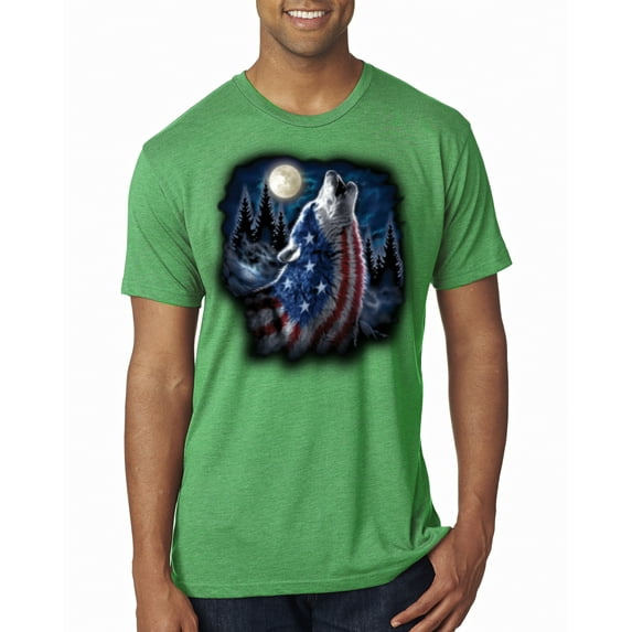 Wild Bobby, American Flag Howling Wolf Animal Lover Mens Premium Tri Blend T-Shirt, Envy, Large