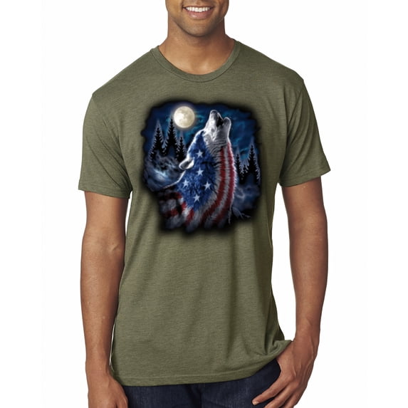 Wild Bobby, American Flag Howling Wolf Animal Lover Mens Premium Tri Blend T-Shirt, Military Green, 2XL