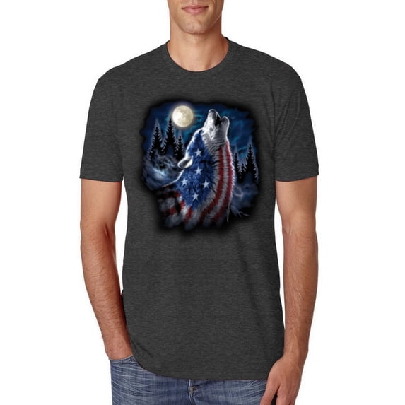 Wild Bobby, American Flag Howling Wolf Animal Lover Mens Premium Tri Blend T-Shirt, Vintage Black, 2XL