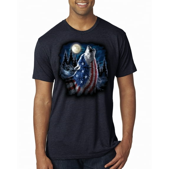 Wild Bobby, American Flag Howling Wolf Animal Lover Mens Premium Tri Blend T-Shirt, Vintage Navy, 2XL