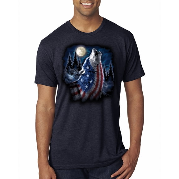 Wild Bobby, American Flag Howling Wolf Animal Lover Mens Premium Tri Blend T-Shirt, Vintage Navy, Small