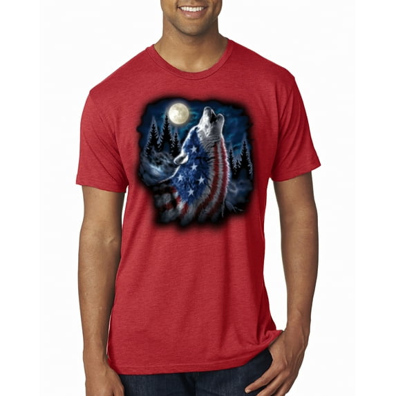 Wild Bobby, American Flag Howling Wolf Animal Lover Mens Premium Tri Blend T-Shirt, Vintage Red, Large