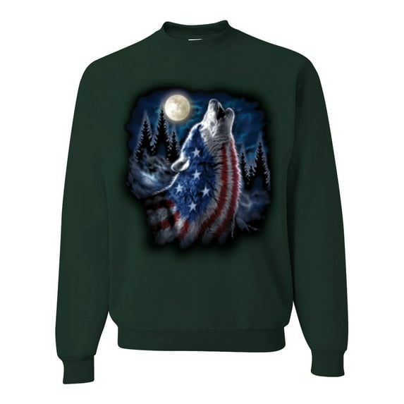 Wild Bobby, American Flag Howling Wolf Animal Lover Unisex Crewneck Graphic Sweatshirt, Forest Green, X-Large