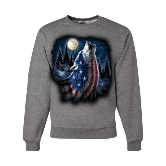 Wild Bobby, American Flag Howling Wolf Animal Lover Unisex Crewneck Graphic Sweatshirt, Heather Grey, Large