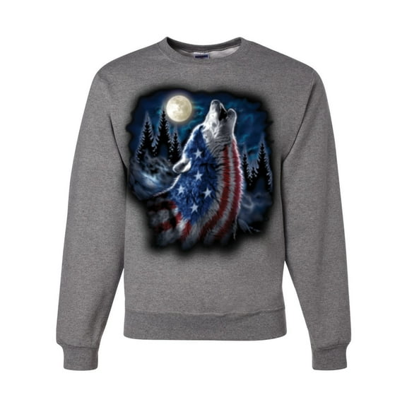 Wild Bobby, American Flag Howling Wolf Animal Lover Unisex Crewneck Graphic Sweatshirt, Heather Grey, Medium