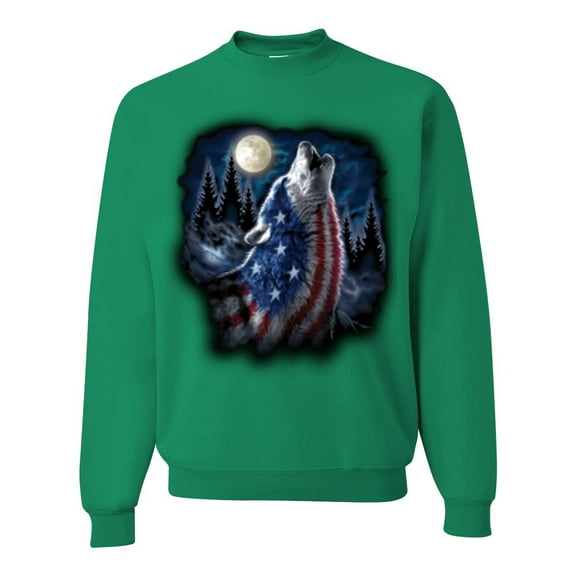 Wild Bobby, American Flag Howling Wolf Animal Lover Unisex Crewneck Graphic Sweatshirt, Kelly, Medium