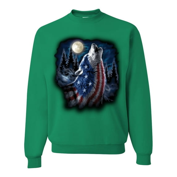 Wild Bobby, American Flag Howling Wolf Animal Lover Unisex Crewneck Graphic Sweatshirt, Kelly, Medium