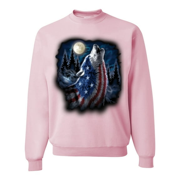 Wild Bobby, American Flag Howling Wolf Animal Lover Unisex Crewneck Graphic Sweatshirt, Light Pink, Large