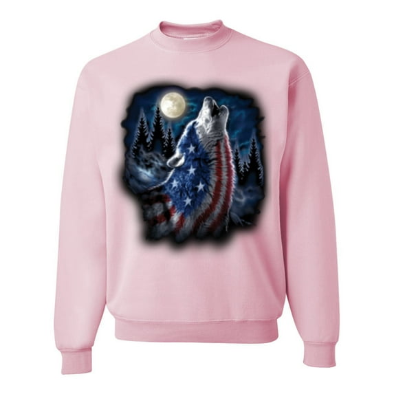 Wild Bobby, American Flag Howling Wolf Animal Lover Unisex Crewneck Graphic Sweatshirt, Light Pink, Small