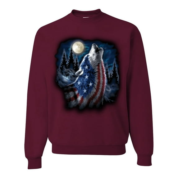 Wild Bobby, American Flag Howling Wolf Animal Lover Unisex Crewneck Graphic Sweatshirt, Maroon, 3XL