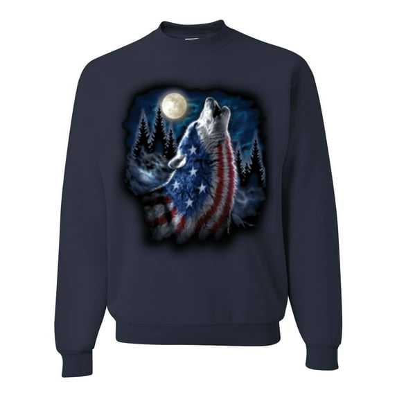 Wild Bobby, American Flag Howling Wolf Animal Lover Unisex Crewneck Graphic Sweatshirt, Navy, X-Large