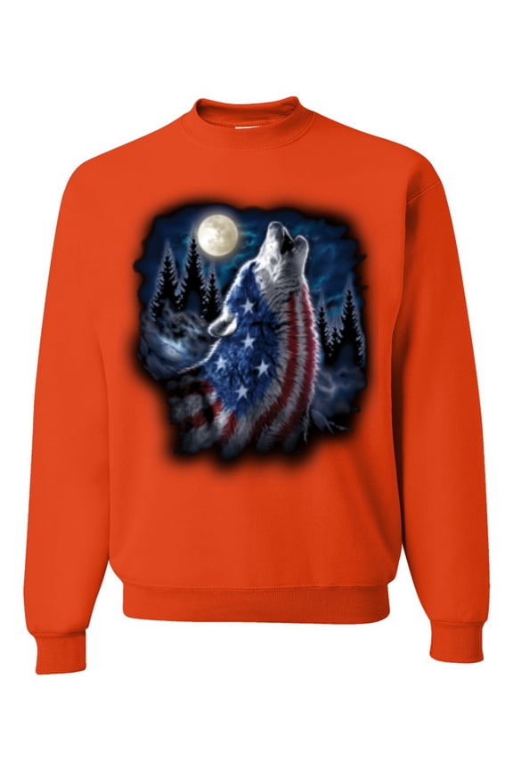 , American Flag Howling Wolf Animal Lover Unisex Crewneck Graphic Sweatshirt, Orange, Medium