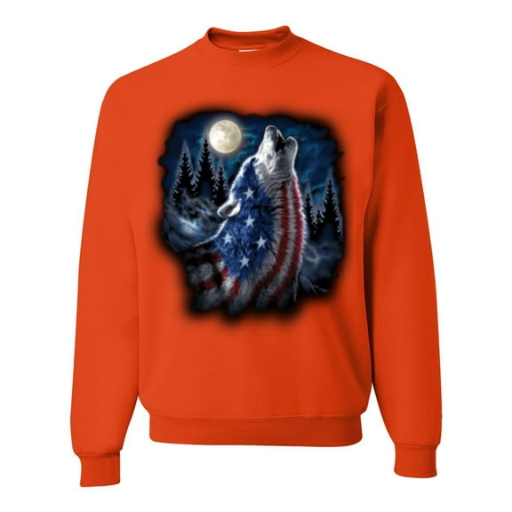 Wild Bobby, American Flag Howling Wolf Animal Lover Unisex Crewneck Graphic Sweatshirt, Orange, Small