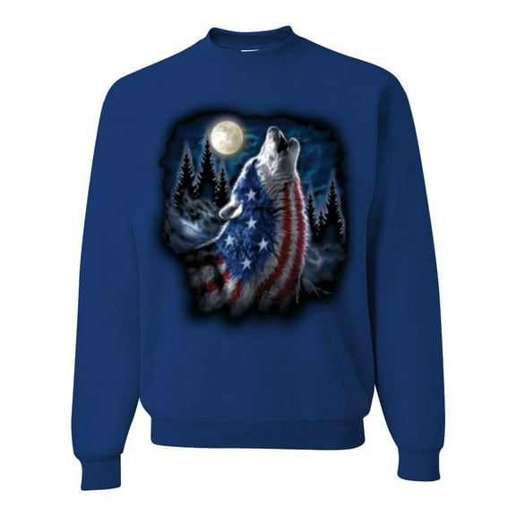 Wild Bobby, American Flag Howling Wolf Animal Lover Unisex Crewneck Graphic Sweatshirt, Royal, Large
