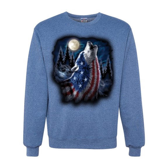 Wild Bobby, American Flag Howling Wolf Animal Lover Unisex Crewneck Graphic Sweatshirt, Vintage Heather Blue, 2XL