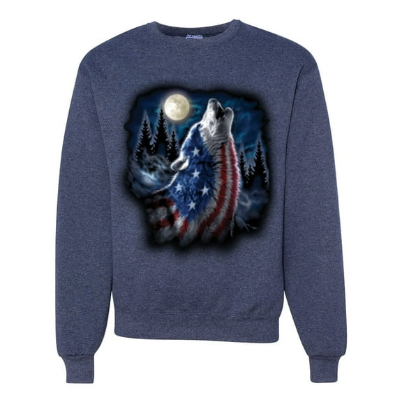 Wild Bobby, American Flag Howling Wolf Animal Lover Unisex Crewneck Graphic Sweatshirt, Vintage Heather Navy, 2XL