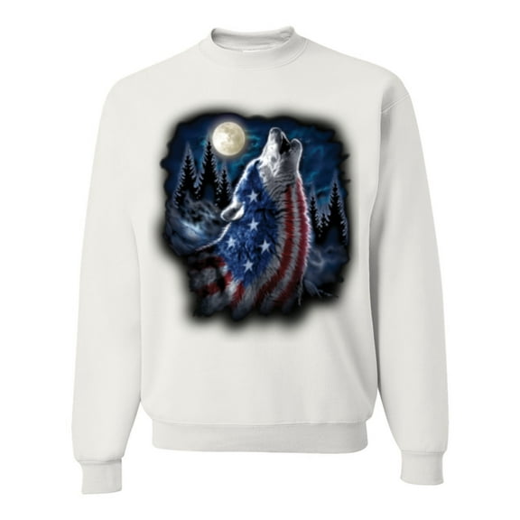 Wild Bobby, American Flag Howling Wolf Animal Lover Unisex Crewneck Graphic Sweatshirt, White, Medium