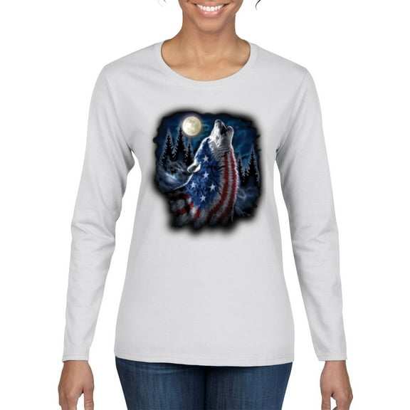 Wild Bobby, American Flag Howling Wolf Animal Lover Womens Graphic Long Sleeve T-Shirt, White, X-Large