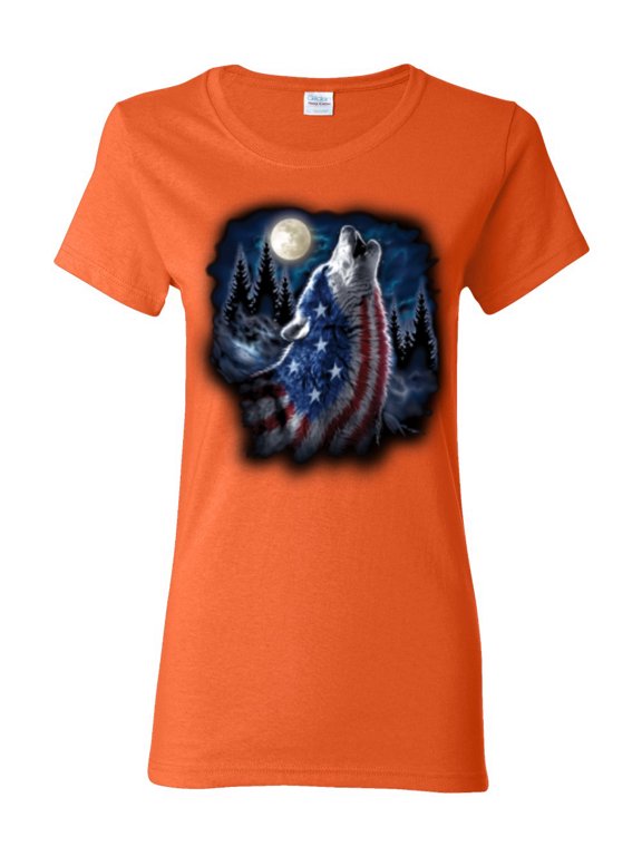 , American Flag Howling Wolf Animal Lover Womens Graphic T-Shirt, Orange, Large