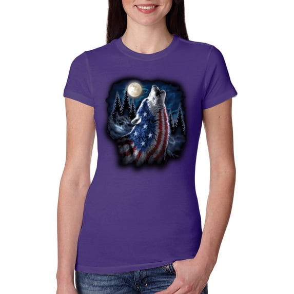 Wild Bobby, American Flag Howling Wolf Animal Lover Womens Slim Fit Junior Tee, Purple Rush, Medium