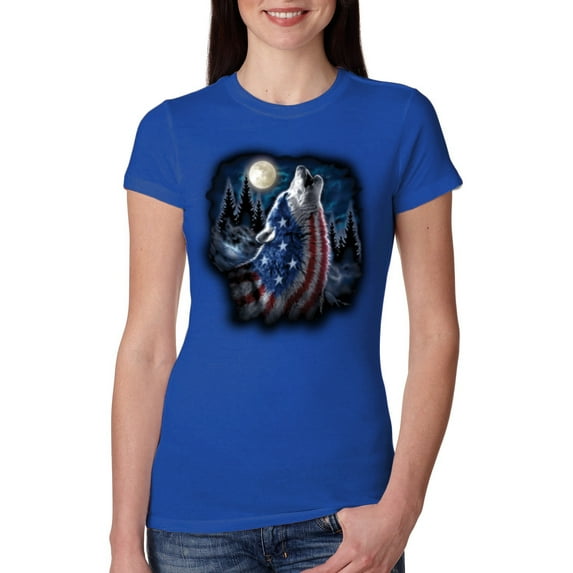 Wild Bobby, American Flag Howling Wolf Animal Lover Womens Slim Fit Junior Tee, Royal, X-Large