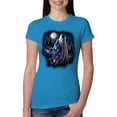 thumbnail image 1 of American Flag Howling Wolf Animal Lover Womens Slim Fit Junior Tee, Turquoise, X-Large, 1 of 3