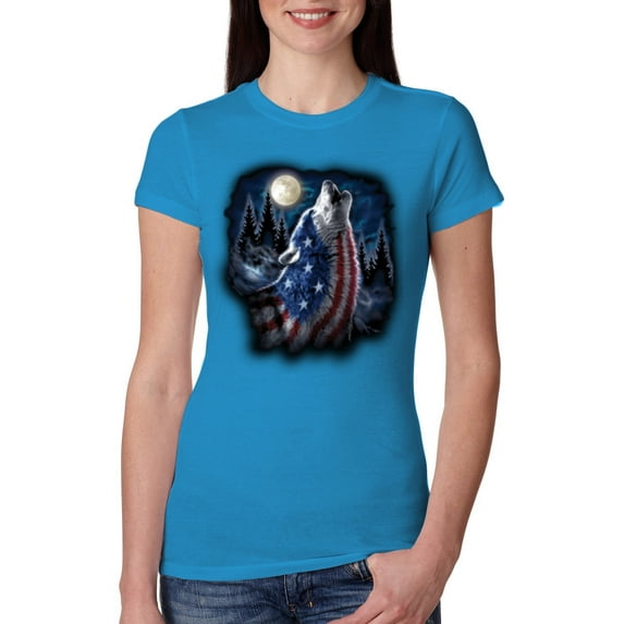 American Flag Howling Wolf Animal Lover Womens Slim Fit Junior Tee, Turquoise, X-Large