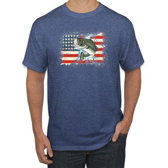 Wild Bobby, American Flag Jumping Largemouth Bass Fish, Fishing, Men's Graphic Tees, Vintage Heather Blue, Small