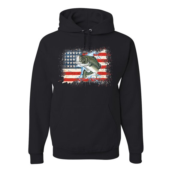 Wild Bobby, American Flag Jumping Largemouth Bass Fish, Fishing, Unisex Graphic Hoodie Sweatshirt, Black, Small