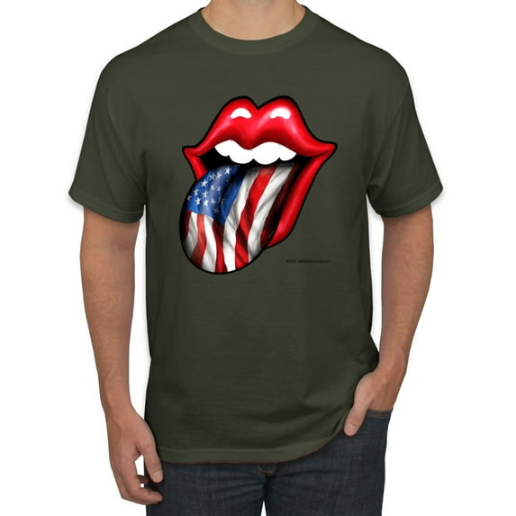 Wild Bobby, American Flag Lips Tongue Out, Men Graphic Tees, Military Green, Small