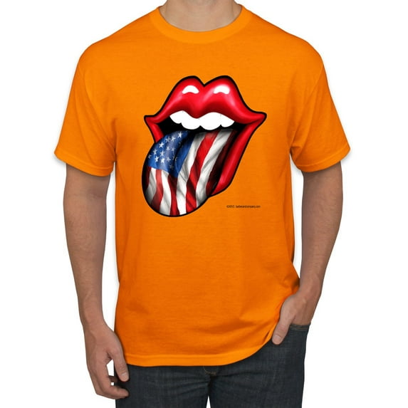 Wild Bobby, American Flag Lips Tongue Out, Men Graphic Tees, Orange, Large