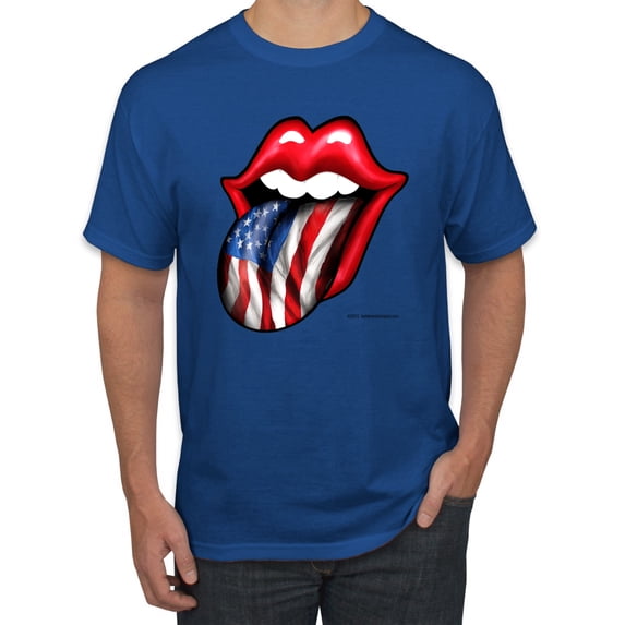 Wild Bobby, American Flag Lips Tongue Out, Men Graphic Tees, Royal, Small