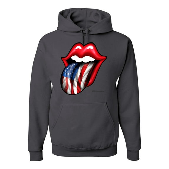 Wild Bobby, American Flag Lips Tongue Out, Unisex Graphic Hoodie Sweatshirt, Charcoal, Large