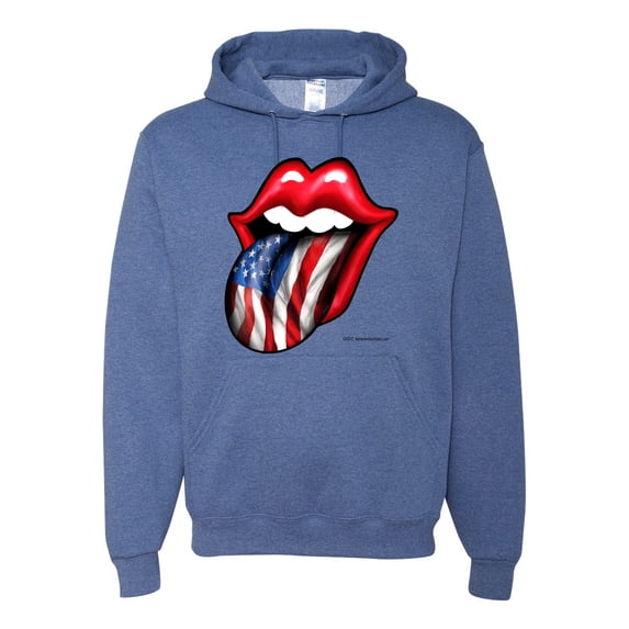 Wild Bobby, American Flag Lips Tongue Out, Unisex Graphic Hoodie Sweatshirt, Vintage Heather Blue, Small