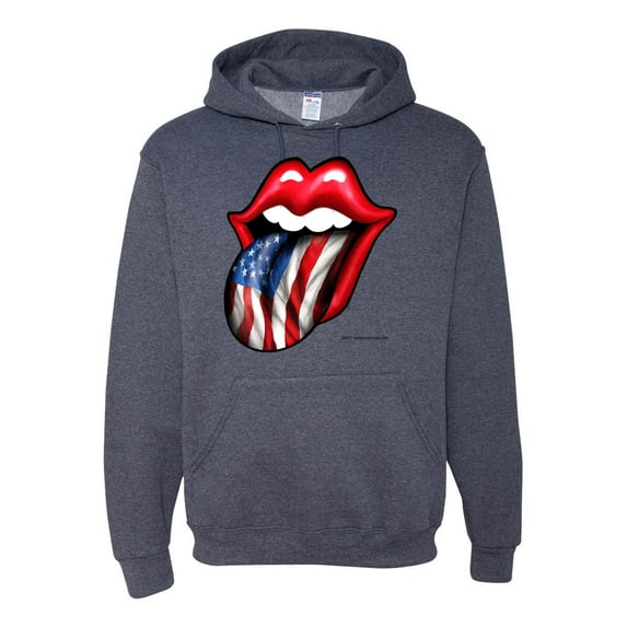 Wild Bobby, American Flag Lips Tongue Out, Unisex Graphic Hoodie Sweatshirt, Vintage Heather Navy, 2XL