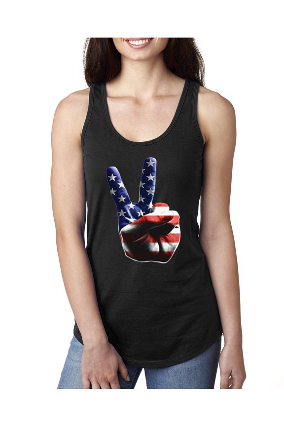, American Flag Peace Sign Hand Pop Culture Ladies Racerback Tank Top, Black, Large