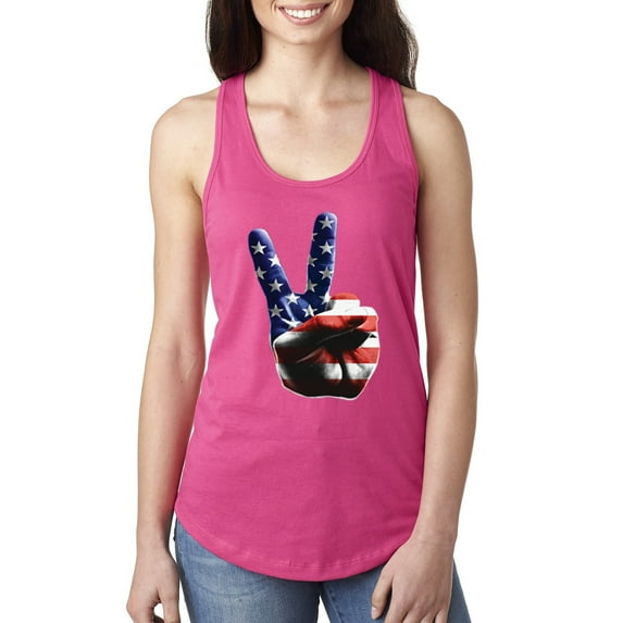 Wild Bobby, American Flag Peace Sign Hand Pop Culture Ladies Racerback Tank Top, Raspberry, Small