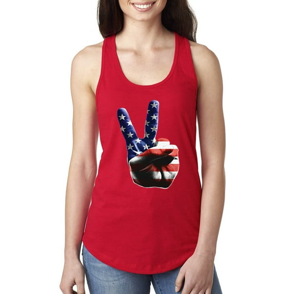 Wild Bobby, American Flag Peace Sign Hand Pop Culture Ladies Racerback Tank Top, Red, Large